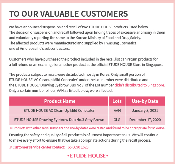 Etude House Singapore recalls products 