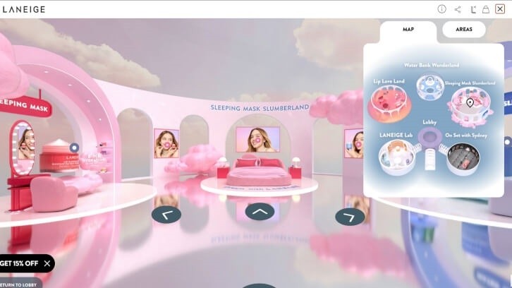 When the Laneige team conceptualized its virtual store experience, the goal was to help the brand “create direct connection and interactions with our consumers, engaging them in our brand story telling or scientific expertise in the most immersive way without the traditional limitations inherent to working with a retail partner,” shared Julien Bouzitat, CMO of AmorePacific US, Laneige’s corporate parent company. © LANEIGE
